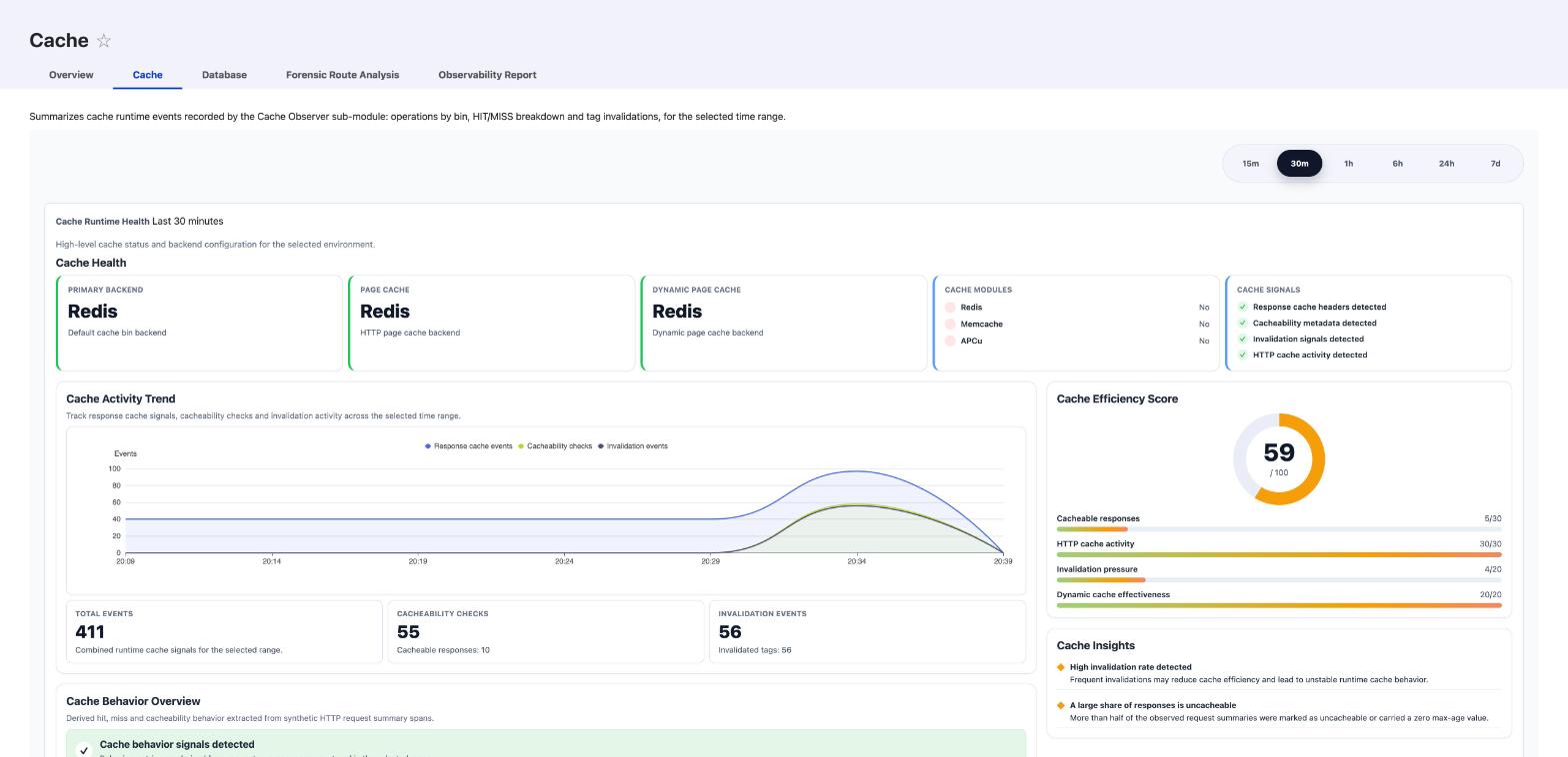 Cache tab of the dashboard, showing cache health and efficiency