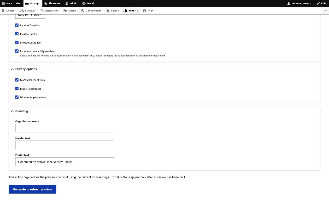 The report builder, with the per-document Include observability overhead checkbox