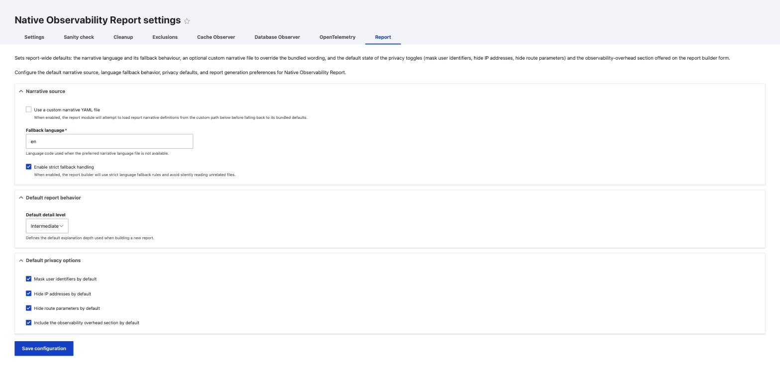 Report settings form showing narrative source and default privacy options